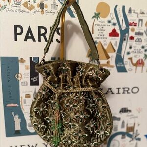 Embroidered Green Drawstring Bag